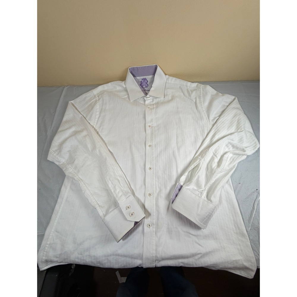 English Laundry Mens White Herringbone Dress Shirt 16.5 36/37 Cotton Purple Trim
